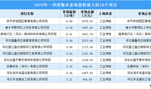 2023年一季度衡水工业土地投资规模最大的十个项目汇总（图）