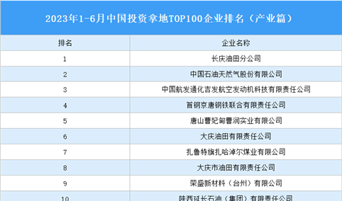 产业投资情报：2023年1-6月中国投资拿地TOP100企业排行榜（产业篇）