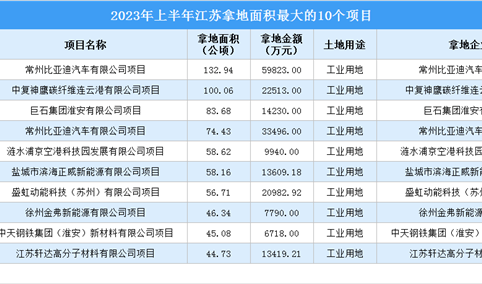 2023年上半年江苏工业土地投资规模最大的十个项目汇总（图）