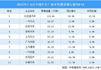 2023年1-6月中国汽车厂商零售销量排行榜TOP10（附榜单）