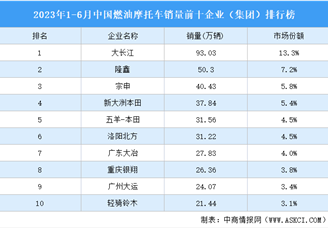 2023年1-6月中国燃油摩托车销量前十企业（集团）排行榜（附榜单）