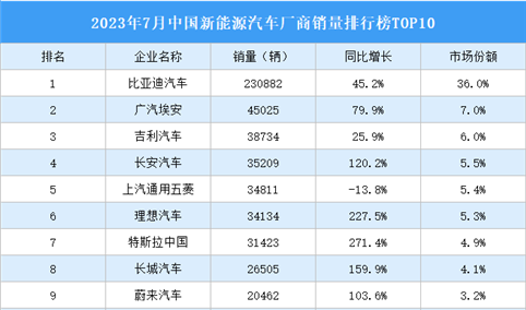 2023年6月中国新能源汽车厂商销量排行榜TOP10（附榜单）