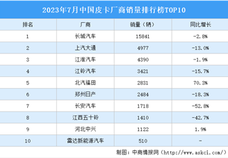2023年7月中国皮卡厂商销量排行榜TOP10（附榜单）