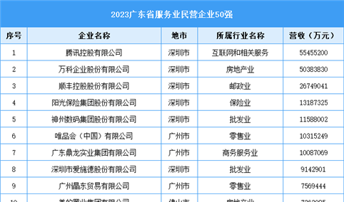 2023广东省服务业民营企业50强（附榜单）