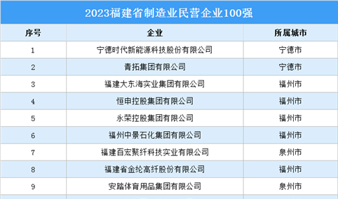 2023福建省制造业民营企业100强（附榜单）