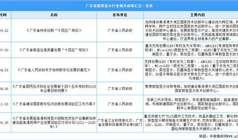 2023年广东省新型显示行业最新政策汇总一览（表）