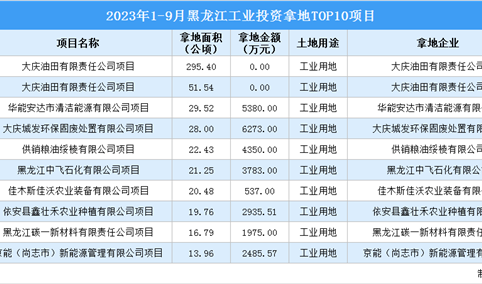 2023年1-9月黑龙江十大工业土地投资项目，总投资近3亿（图）