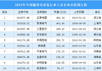 2023年中国输变电设备行业上市企业市值排行榜（附榜单）