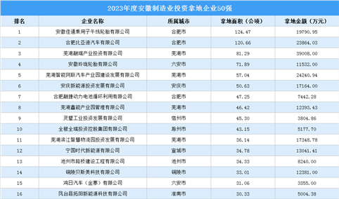 投资企业盘点 | 2023年度安徽制造业50强企业土地投资逼近35亿元