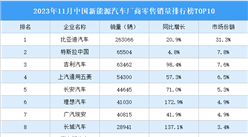 2023年11月中國新能源汽車廠商零售銷量排行榜TOP10（附榜單）