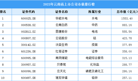 2023年云南省上市公司市值排行榜（附榜单）