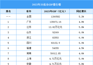 25省市公布去年GDP：广东总量破13万亿元（图）
