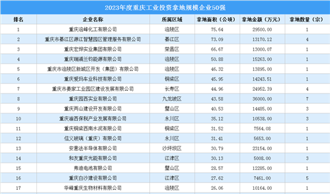 投资情报速递 | 2023年度重庆工业土地投资50强企业摘走90宗地