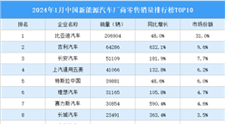 2024年1月中國新能源汽車廠商零售銷量排行榜TOP10（附榜單）