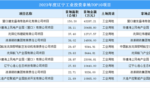 2023年度辽宁工业土地投资规模最大的十个项目汇总（图）