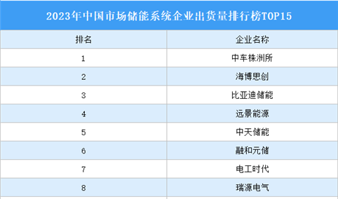 2023年中国市场储能系统企业出货量排行榜TOP15（附榜单）