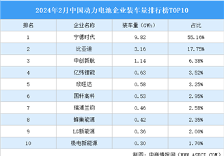 2024年2月中国动力电池企业装车量排行榜TOP10（附榜单）
