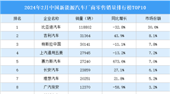 2024年2月中國新能源汽車廠商零售銷量排行榜TOP10（附榜單）