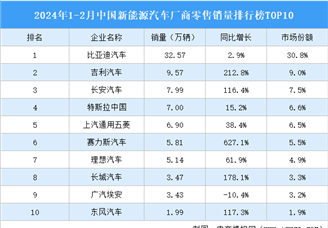 2024年1-2月中国新能源汽车厂商零售销量排行榜TOP10（附榜单）