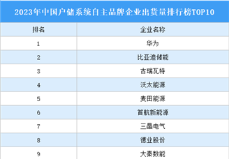 2023年中国户储系统自主品牌企业出货量排行榜TOP10