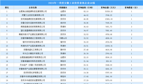 【产业投资情报】2024年一季度安徽工业土地投资50强企业总投资超22亿