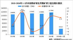 2024年1-3月中国铁矿砂及其精矿进口数据统计分析：进口量31012万吨