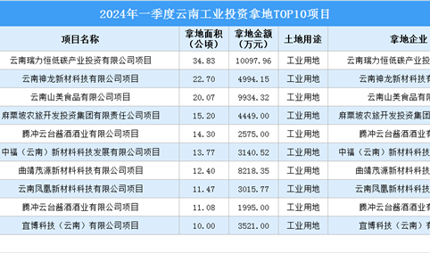 2024年一季度云南十大工业土地投资项目盘点（图）