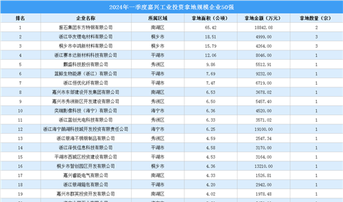 【工业投资盘点】2024年一季度嘉兴工业土地投资50强企业摘走55宗地