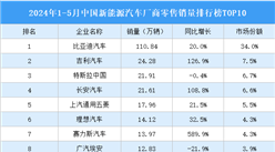 2024年1-5月中國新能源汽車廠商零售銷量排行榜TOP10（附榜單）