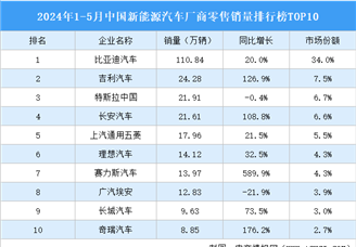 2024年1-5月中国新能源汽车厂商零售销量排行榜TOP10（附榜单）