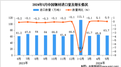 2024年5月中國鋼材進口數據統計分析：進口量63.7萬噸