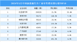 2024年5月中國新能源汽車廠商零售銷量排行榜TOP10（附榜單）