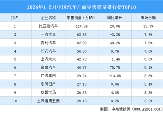 2024年1-5月中国汽车厂商零售销量排行榜TOP10（附榜单）
