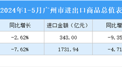 2024年1-5月广州市进出口数据统计：出口金额同比下降9.52%（图）