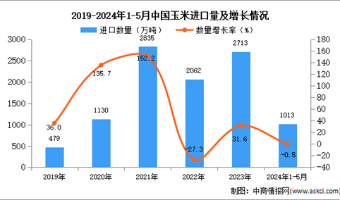 2024年1-5月中国玉米进口数据统计分析：进口量1013万吨