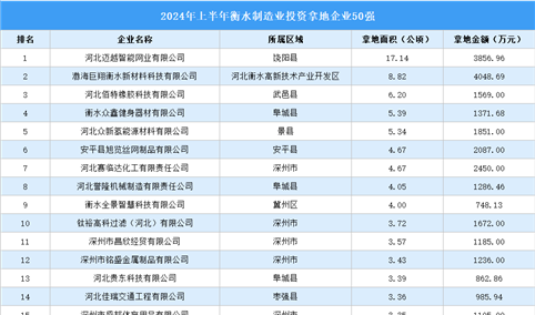 投资企业盘点 | 2024年上半年衡水制造业土地投资企业50强名单汇总（图）