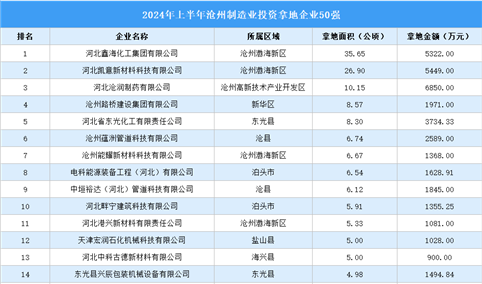 投资动态抢先看 | 2024年上半年沧州制造业土地投资企业50强名单大汇总（图）