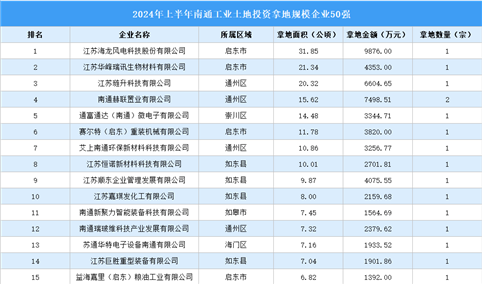 【工业投资盘点】2024年上半年南通工业土地投资50强企业摘走54宗地