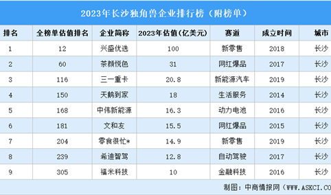 2023年长沙独角兽企业排行榜（附榜单）