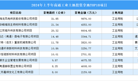 工业投资情报 | 2024年上半年南通这十个工业项目土地投资规模最大（图）