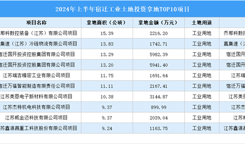 招商观察|2024年上半年宿迁这十个工业项目土地投资规模最大