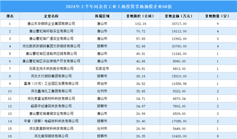 【产业投资情报】2024年上半年河北省工业土地投资50强企业总投资超1200亿