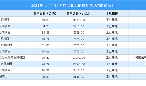 【项目投资跟踪】2024年上半年江苏省工业土地投资TOP10项目盘点