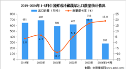 2024年1-5月中国鲜或冷藏蔬菜出口数据统计分析：出口量同比增长19.0%