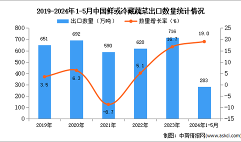 2024年1-5月中国鲜或冷藏蔬菜出口数据统计分析：出口量同比增长19.0%