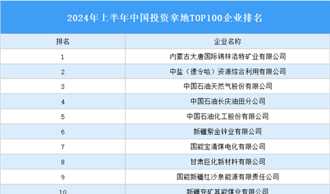 产业投资情报：2024年上半年中国投资拿地TOP100企业排行榜（产业篇）