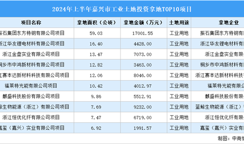 【项目投资跟踪】2024年上半年嘉兴市工业土地投资TOP10项目盘点