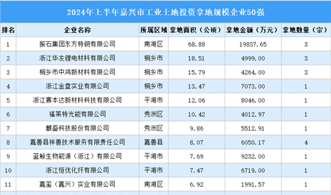 【工业投资盘点】2024年上半年嘉兴市工业土地投资50强企业摘走59宗地