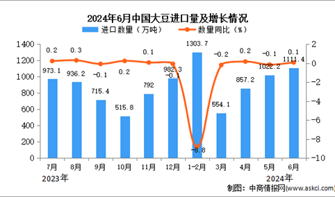 2024年6月中国大豆进口数据统计分析：进口量同比增长0.1%