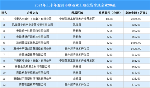 投资企业盘点 | 2024年上半年滁州制造业土地投资企业30强名单汇总（图）